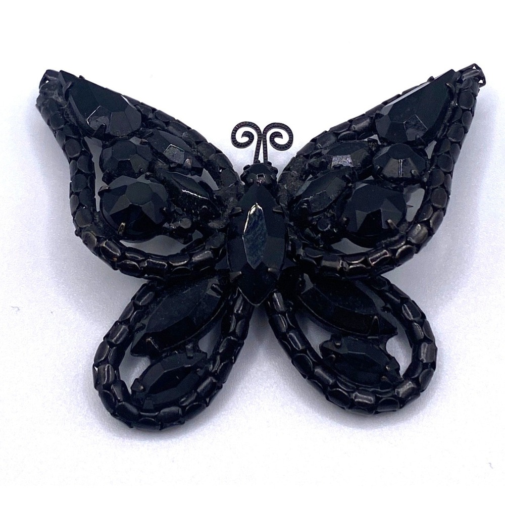 Vintage Black Rhinestone Butterfly‎ Brooch Japanned Metal Marquise Pear Stones